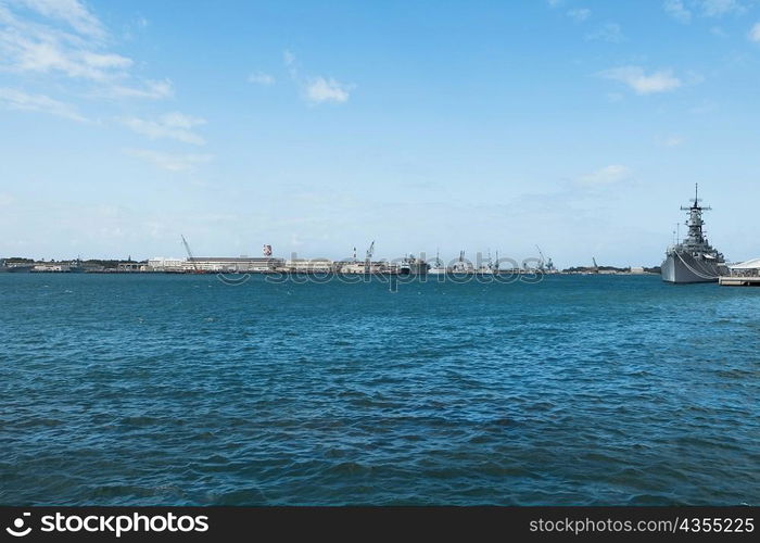 Military ship in the sea, USS Arizona Memorial, Pearl Harbor, Honolulu, Oahu, Hawaii Islands, USA