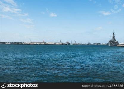 Military ship in the sea, USS Arizona Memorial, Pearl Harbor, Honolulu, Oahu, Hawaii Islands, USA