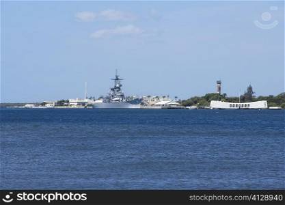 Military ship near a memorial building, USS Arizona Memorial, Pearl Harbor, Honolulu, Oahu, Hawaii Islands, USA