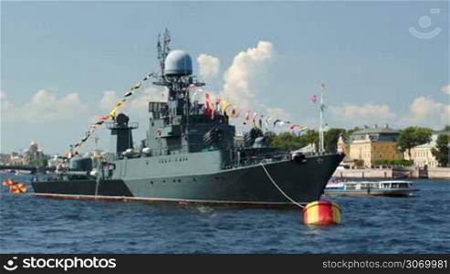 Military ship of Russian Navy on Neva river in St. Petersburg