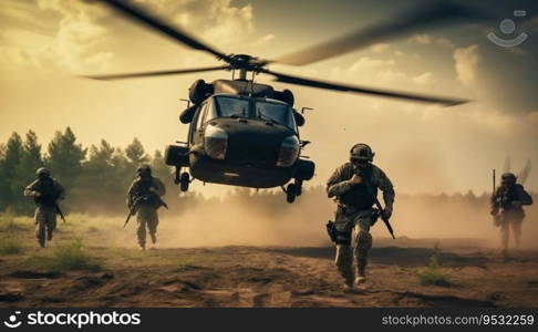 Military soldiers are running to the helicopter in battlefield