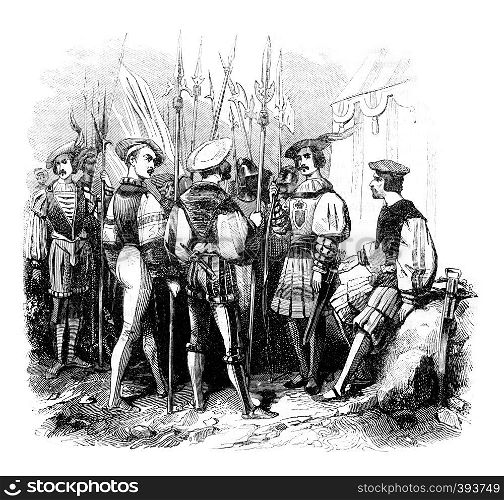 Military uniforms from the reign of Henry VIII, vintage engraved illustration. Colorful History of England, 1837.