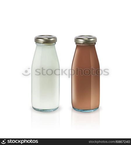 Milk and chocolate milk in bottle on white background