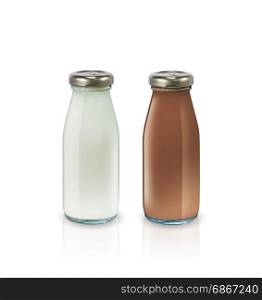 Milk and chocolate milk in bottle on white background