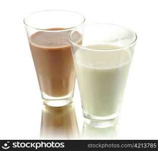 milk and chocolate milk on white background