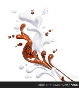 Milk and hot chocolate, sauce or syrup splash, abstract liquid background, wavy drink illustration, dairy isolated 3d rendering