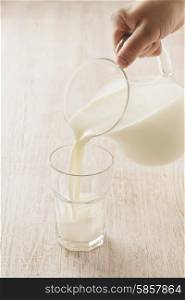 Milk being poured from a pitcher to a glass