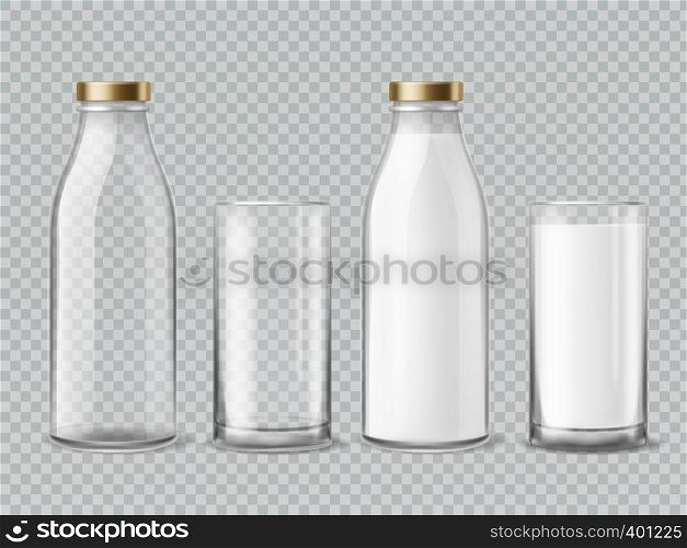 Milk bottle and glass. Empty and full milk realistic bottles and shiny glasses container dairy beverage product isolated vector mockup. Milk bottle and glass. Empty and full milk realistic bottles glasses dairy beverage product isolated vector mockup