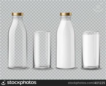 Milk bottle and glass. Empty and full milk realistic bottles and shiny glasses container dairy beverage product isolated vector mockup. Milk bottle and glass. Empty and full milk realistic bottles glasses dairy beverage product isolated vector mockup