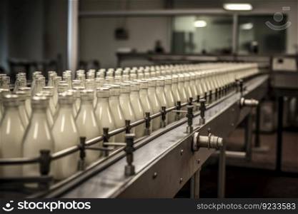 Milk bottle conveyor machine. Factory farm. Generate Ai. Milk bottle conveyor machine. Generate Ai