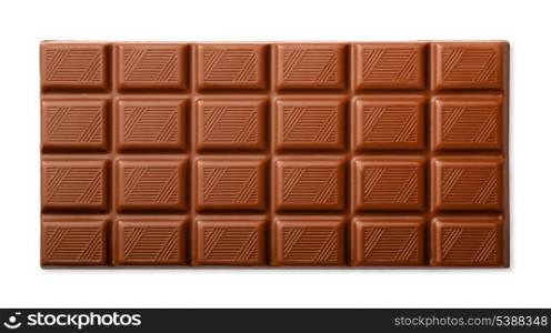 Milk chocolate bar top view isolated on white