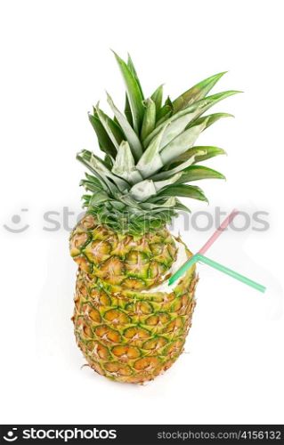 Milk cocktail with pineapple as cup on a white