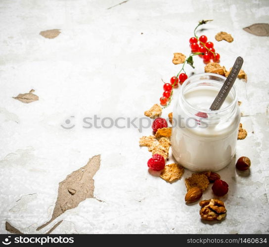 Milk dessert with cereal , nuts and wild berries. On rustic background.. Milk dessert with cereal , nuts and wild berries.