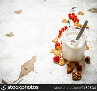 Milk dessert with cereal , nuts and wild berries. On rustic background.. Milk dessert with cereal , nuts and wild berries.