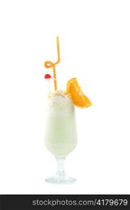 milk fruit cocktail with slice of orange cream and pipe