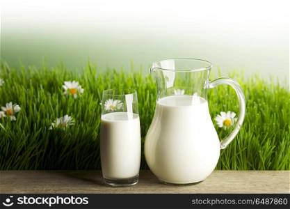 Milk in jar and glass on flower meadow. Milk in jar and glass on fresh grass meadow with chamomiles