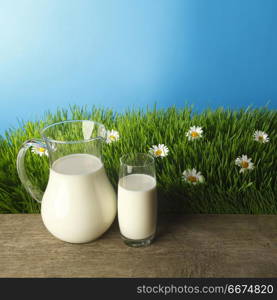 Milk in jar and glass on flower meadow. Milk in jar and glass on fresh grass meadow with chamomiles