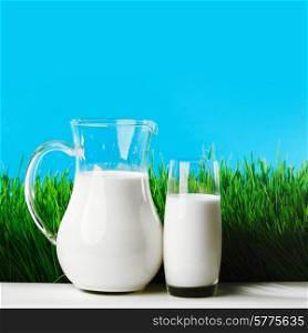Milk jug and glass on fresh green grass field background. Milk jug and glass on grass field