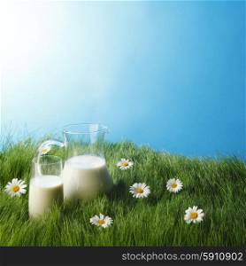 Milk jug and glass on fresh green grass with chamomiles. Milk jug and glass on flower field
