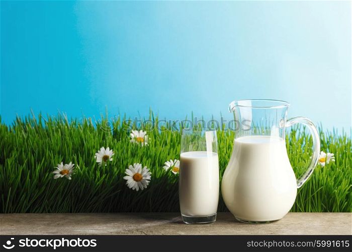 Milk jug and glass on fresh green grass with chamomiles