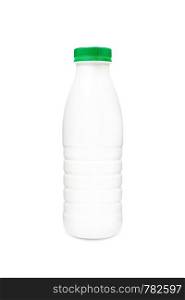 Milk or shampoo plastic bottle with green cap isolatedon one white background