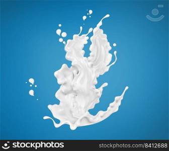 Milk or yogurt splash isolated on blue background, food illustration, splashing liquid soap, sh&oo, 3d rendering
