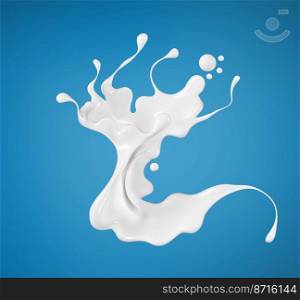 Milk or yogurt splashes isolated on blue background, food illustration, splashing liquid soap, sh&oo, 3d rendering