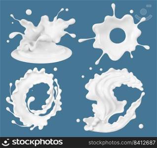 Milk or yogurt splashes on blue background,  food set illustration, splashing liquid soap, sh&oo, 3d rendering