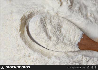 Milk powder on a wooden spoon with heap of powdered organic milk on background