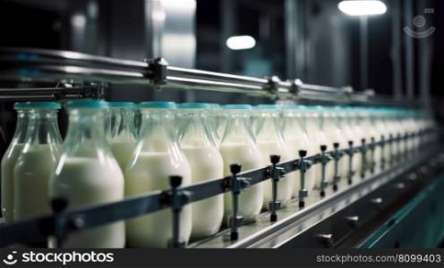 milk production, a bottles with a dairy product on a conveyor generative ai.