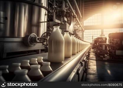 milk production in a factory. Neural network AI generated art. milk production in a factory. Neural network AI generated
