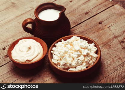 Milk, sour cream and curd on a wooden rustic board