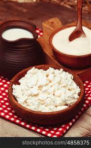 Milk, sour cream and curd on a wooden rustic board