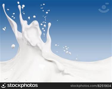 Milk splash, abstract liquid background, wavy drink illustration, dairy isolated over blue 3d rendering