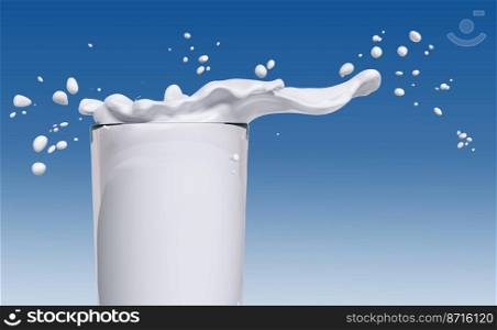 Milk splash in glass, abstract liquid background, wavy drink illustration, dairy isolated over blue 3d rendering