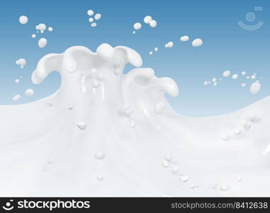 Milk splash with drops, abstract liquid background, wavy drink illustration, dairy isolated 3d rendering
