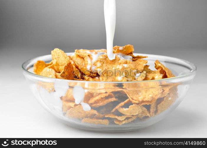 milk stream flowing to the bowl with corn flakes