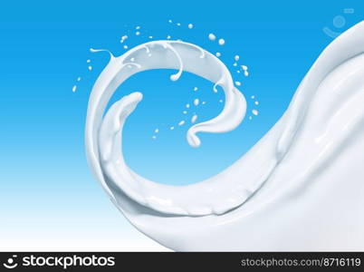 Milk twisted wave or flow splashing, pouring  sour cream or yogurt, dairy abstract liquid background, isolated over blue, 3d rendering