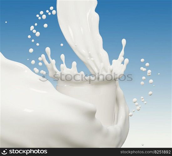 Milk wave or flow splash in glass, pouring  sour cream or yogurt, dairy abstract liquid background, isolated over blue, 3d rendering