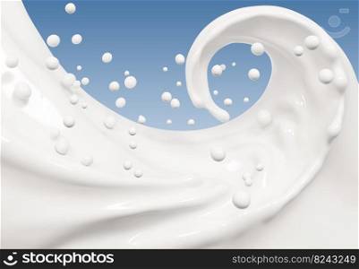 Milk wave or flow splash, pouring  sour cream or yogurt, dairy abstract liquid background, isolated over blue, 3d rendering
