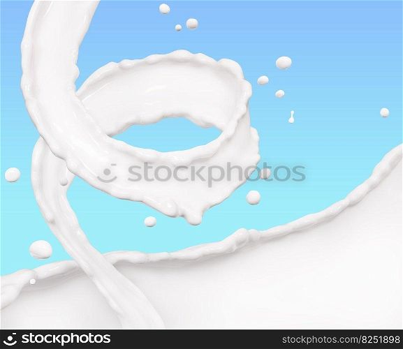 Milk wave or flow splash, pouring twisted sour cream or yogurt, dairy abstract liquid background, isolated, 3d rendering