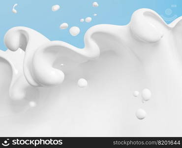 Milk wave or flow splashing, pouring  sour cream or yogurt, dairy abstract liquid background, isolated over blue, 3d rendering