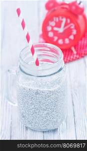 milk with chia in the glass and on a table