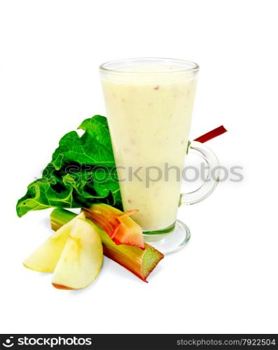 Milkshake in a tall glass beaker with leaves and stalks of rhubarb, apple slices isolated on white background