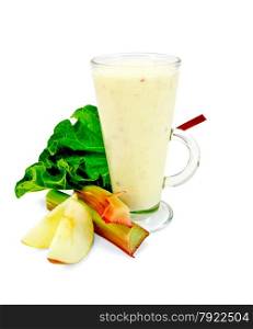 Milkshake in a tall glass beaker with leaves and stalks of rhubarb, apple slices isolated on white background