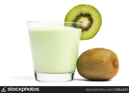 milkshake with a blade of kiwi and kiwifruit aside. milkshake with a blade of kiwi and kiwifruit aside on white background