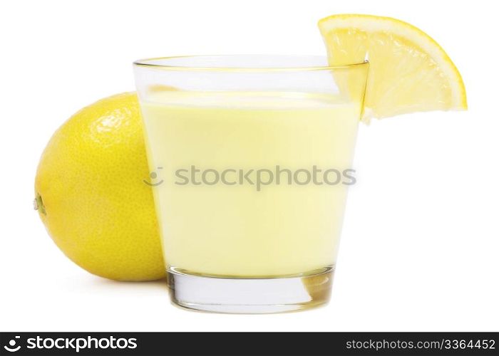 milkshake with a piece of lemon in front of a lemon. lemon milkshake with a piece of lemon in front of a lemon on white background