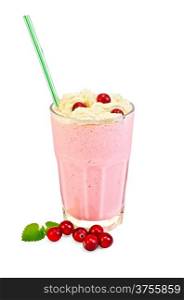 Milkshake with cranberries and whipped cream in a glass, mint isolated on white background