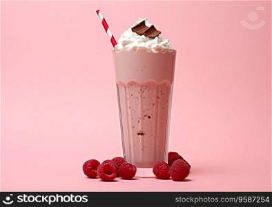 Milkshake with raspberry and whipped cream on pink background.AI Generative