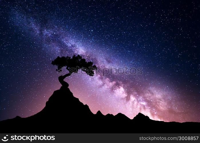 Milky Way and tree on the mountain. Old tree growing out of the rock against night starry sky with purple milky way. Night landscape. Space background. Galaxy. Mountain ridge. Wilderness, wild nature